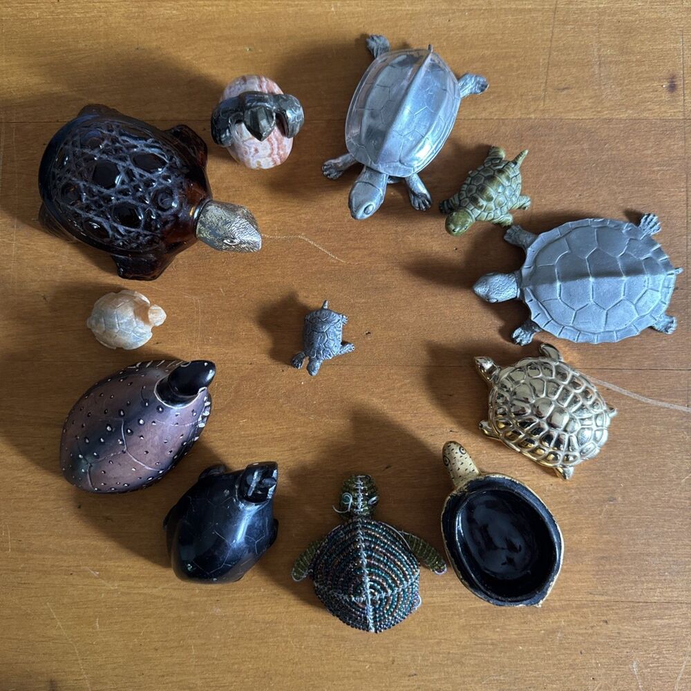 Vintage Turtle Figurines Lot of 12 Mixed Matter Pewter Stone Trinket Box - Picture 1 of 16